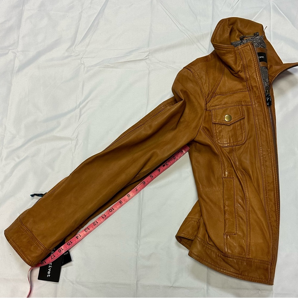 Black Rivet Cognac Tailored Leather Jacket | Pockets | Collar Ladies Size M NWT - Picture 10 of 15